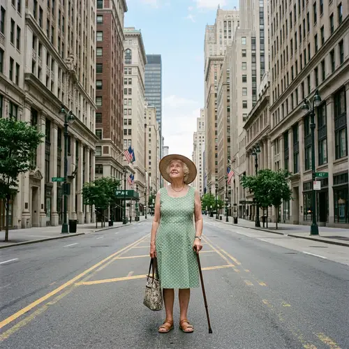 Elderly Woman Admiring Cityscape | Calm Street Scene