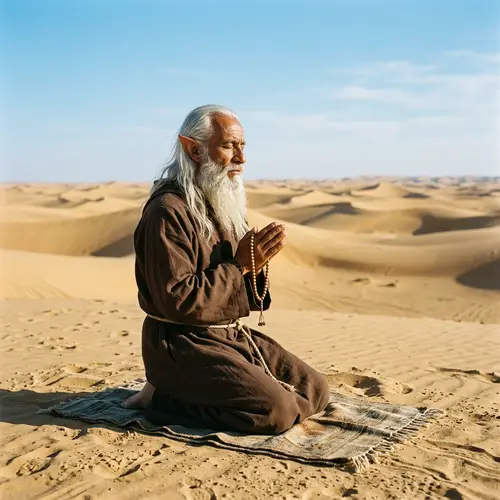 Middle Eastern Male Elf Monk Praying in the Desert