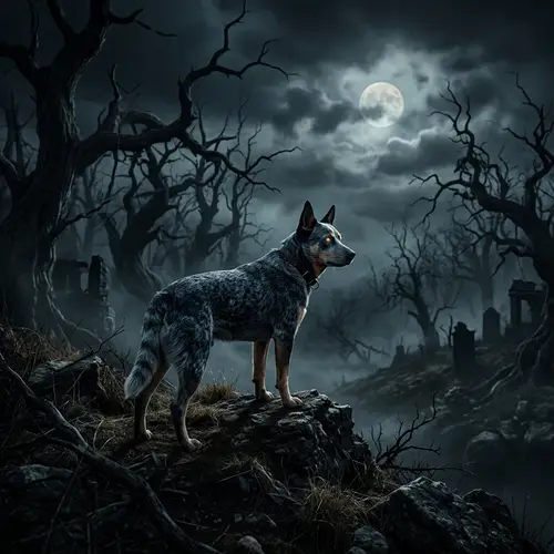 Eerie Blue Heeler Scene with Creepy Moonlight