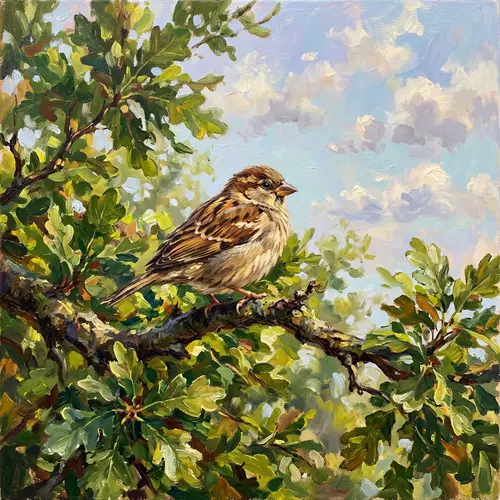 Impressionist Sparrow Painting on Oak Tree Branch
