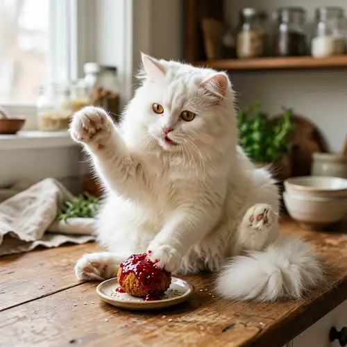 Curious White Cat Playing with Raspberry Jam-draped Falafel