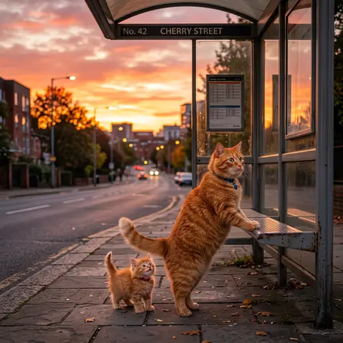 Charming Cat and Kitten at the Bus Stop