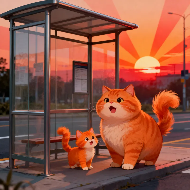 Charming Cat and Kitten at the Bus Stop
