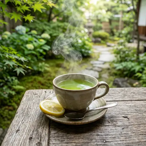 Steaming Hot Cup of Green Tea on Wooden Table