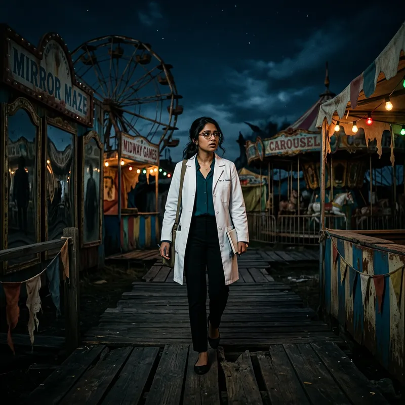 Eerie Dark Carnival: South Asian Woman in Lab Coat Explores Mysterious Carnival