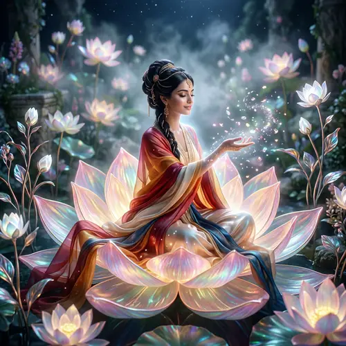 Ethereal Middle-Eastern Woman in Luminescent Lotus Flower