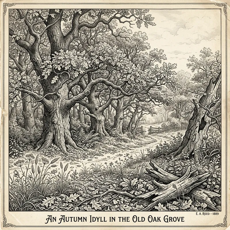 Intricate Ink Drawing of Autumn Oak Grove with Realist Influence