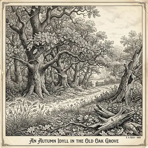 Intricate Ink Drawing of Autumn Oak Grove | Ivan Shishkin Style
