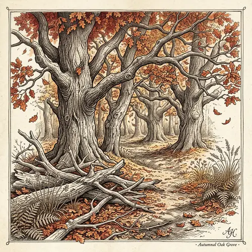 Intricate Ink Drawing of Autumnal Oak Grove | Detailed Foliage Artwork