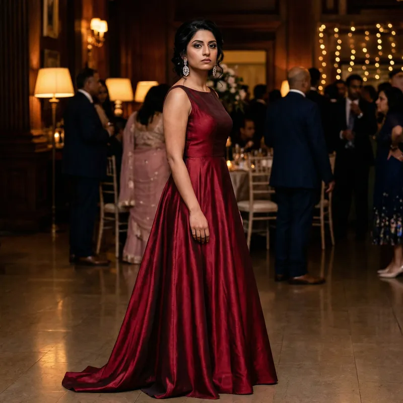 Serious Beautiful Woman in Red Dress - Elegant South Asian Lady at Evening Party