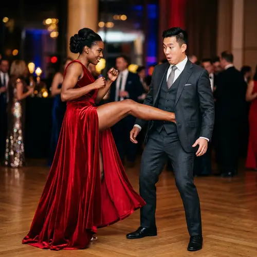 Powerful Athlete in Scarlet Gown Delivers Surprising Kick