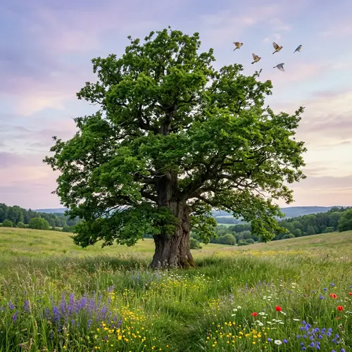 Towering Grief Tree in Verdant Meadow | Strength & Resilience