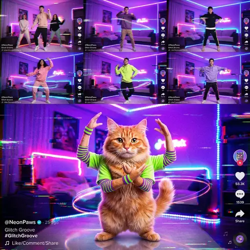 Neon TikTok Dance Montage with Surreal Cat