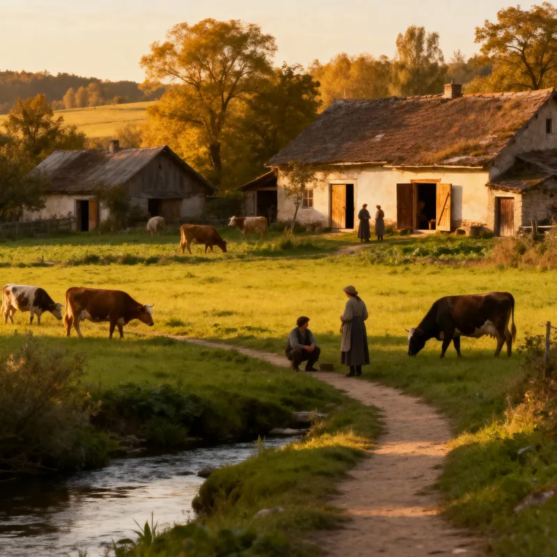 Serene Green Fields and Homes at Golden Hour Serene Green Fields and Homes at Golden Hour
