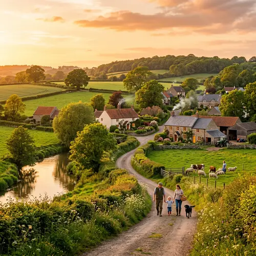 Serene Green Fields and Homes at Golden Hour
