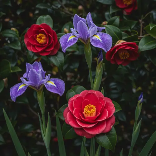 Japanese Camellias and Irises: A Floral Delight