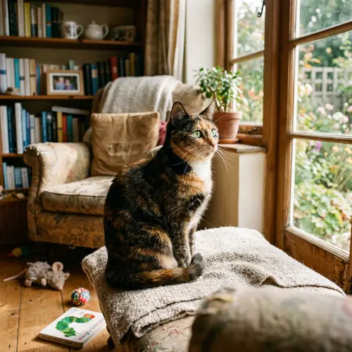 Glossy Multicolored Short-Haired Cat at Home