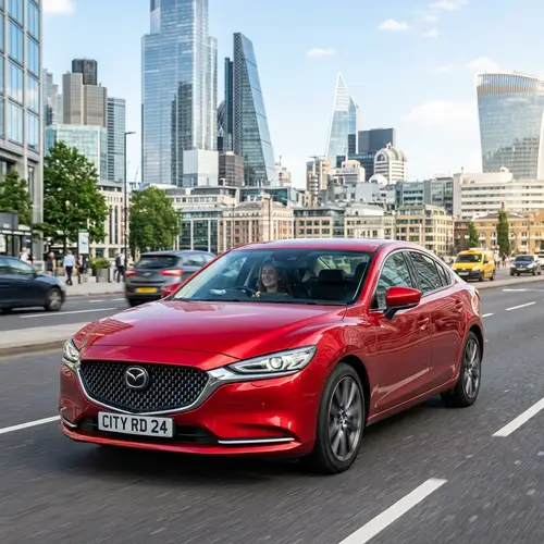Vibrant Red Sedan Driving Through Urban Landscape