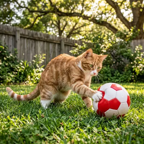 Playful Domestic Feline Playing with Soccer Ball in Lush Backyard