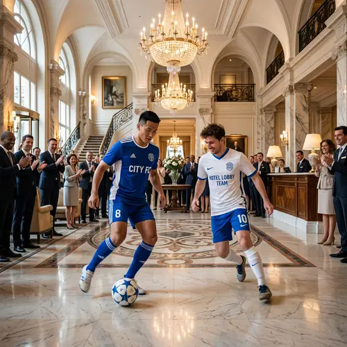 Luxurious Hotel Soccer Match: Skilled Players Showcase Mastery