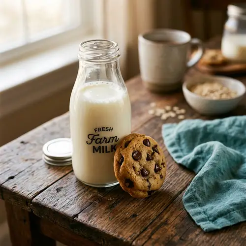 Fresh Creamy Milk and Chocolate Chip Cookie on Rustic Table