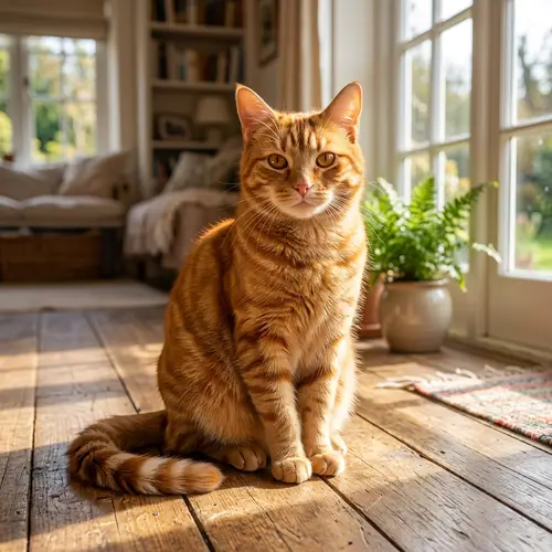 Orange Tabby Cat Sitting Comfortably on Wooden Floor
