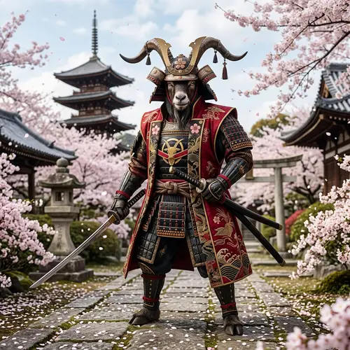 Fierce Samurai Goat in Cherry Blossom Setting