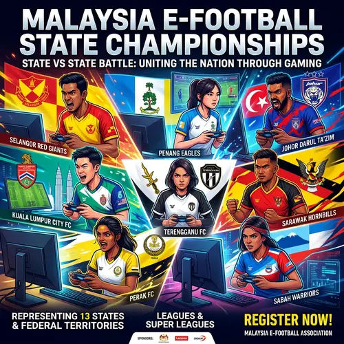 Malaysia e-Football League Poster: Diverse Players in Action