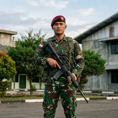 Indonesian Soldier Portrait with Standard Military Gun