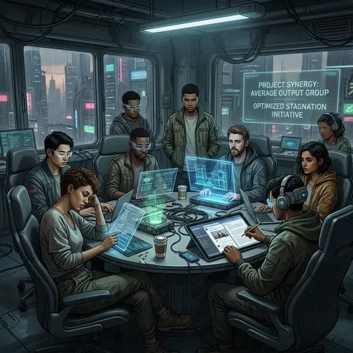 Future Mediocre Thinkers: Dystopian Scene with Varied Characters