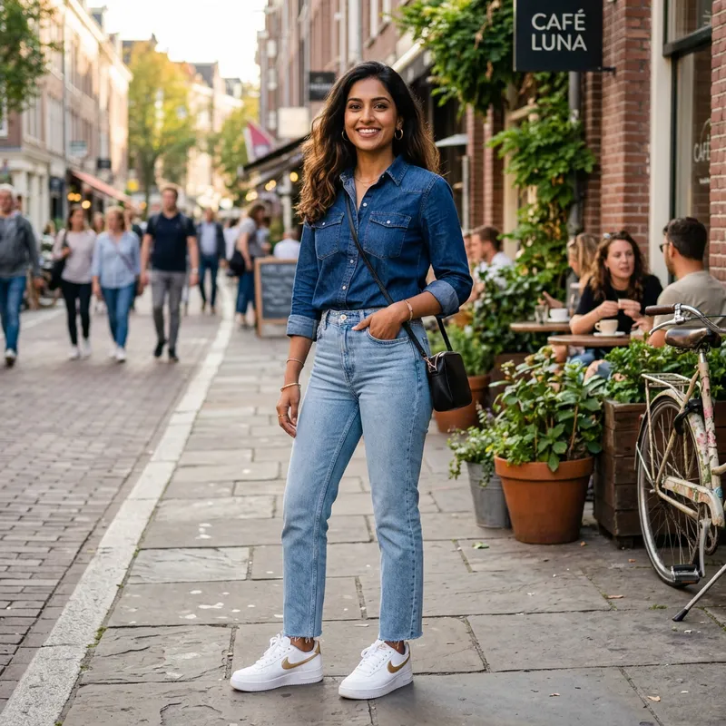 Stylish Casual: Girl in Blue Jeans and Sneakers