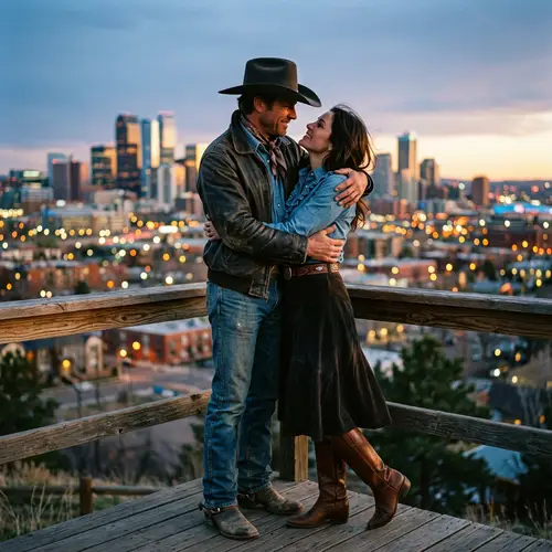 Romantic Cowboy Embrace in Urban Setting