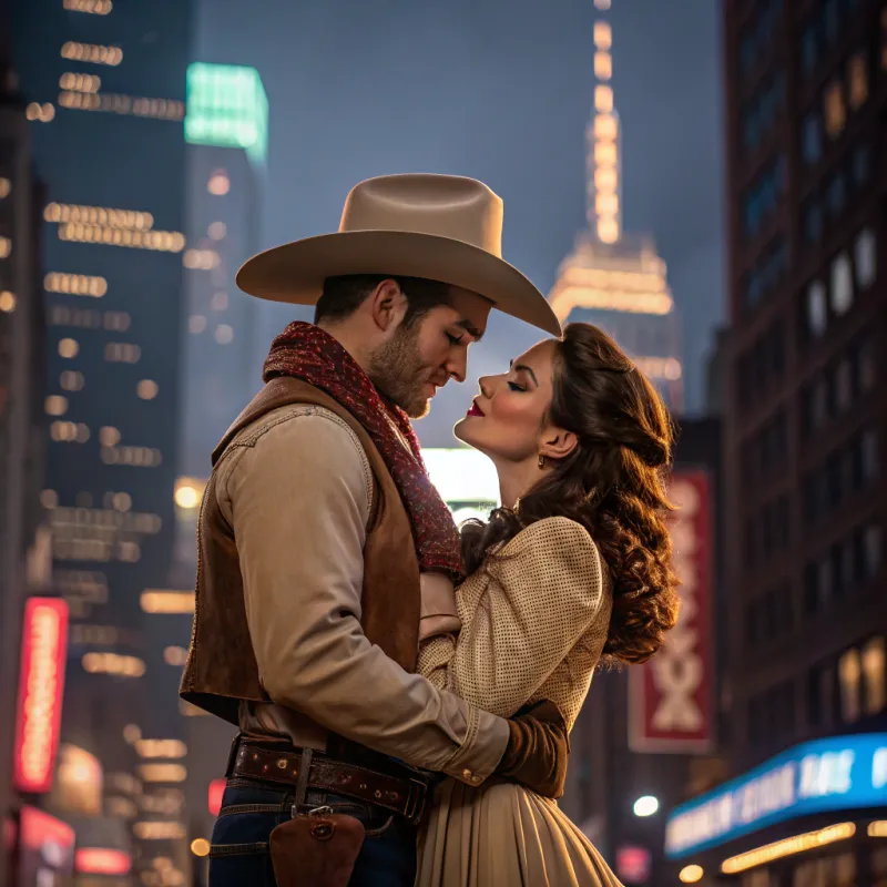 Romantic Cowboy Embrace in Urban Setting Romantic Cowboy Embrace in Urban Setting