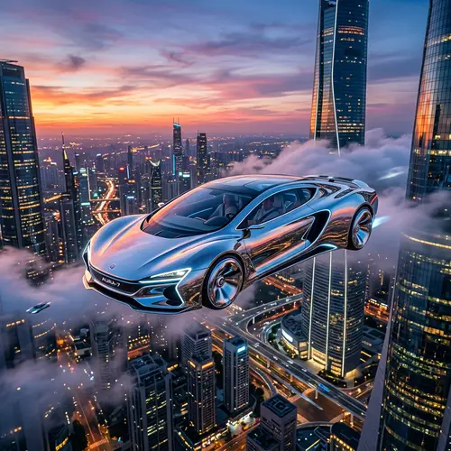 Futuristic Flying Car Soaring Over Cityscape