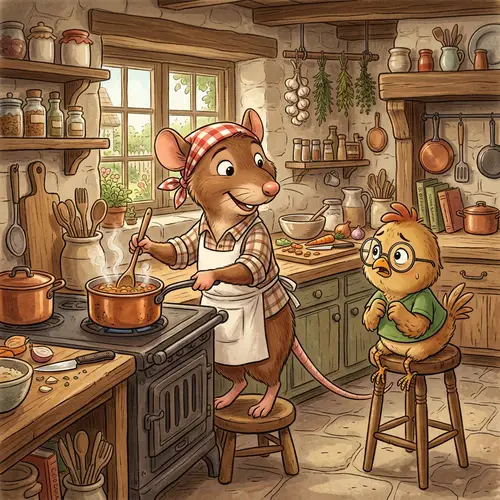 Charming Culinary Rat and Nervous Chicken Illustration