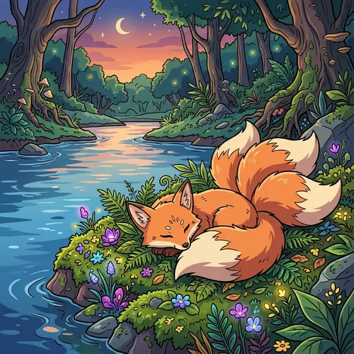 Magical Three-Tailed Fox Sleeping by River - Enchanting Scene