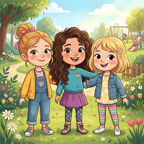 Cartoon Style Illustration of Three Young Girls