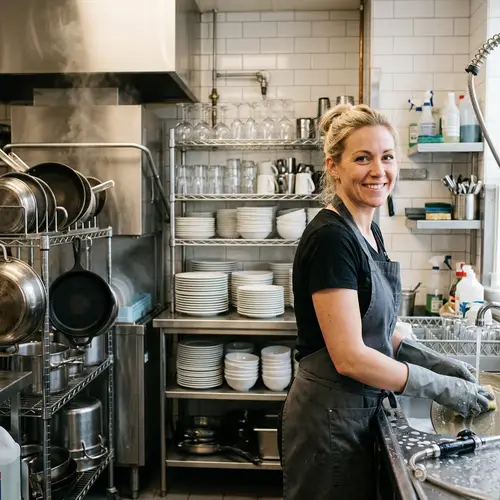 Blonde Dishwasher in Grey Gloves - Clean Kitchen