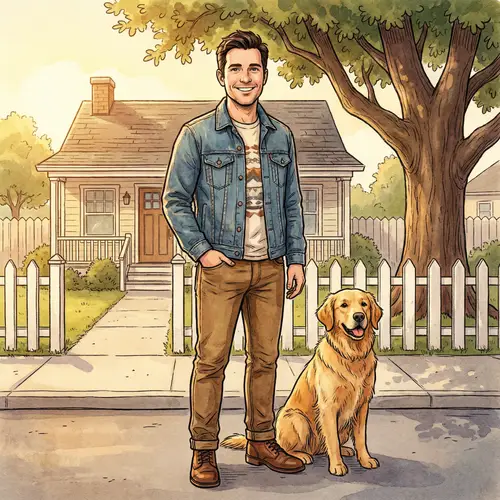 Proud American Man in Blue Denim Jacket and Brown Chinos