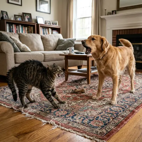 Intense Cat vs Dog Standoff in Living Room | Domestic Rivalry