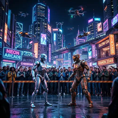 Futuristic Confrontation: Silver vs Copper Robots in Neon-lit City