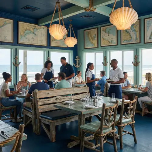 Seaside-Themed Restaurant: Ocean Blues, Seafoam Accents, Nautical Decor