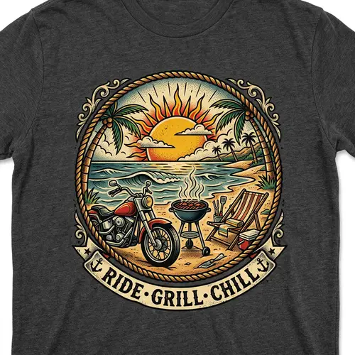 Old School Tattoo T-Shirt Design with Beach Theme