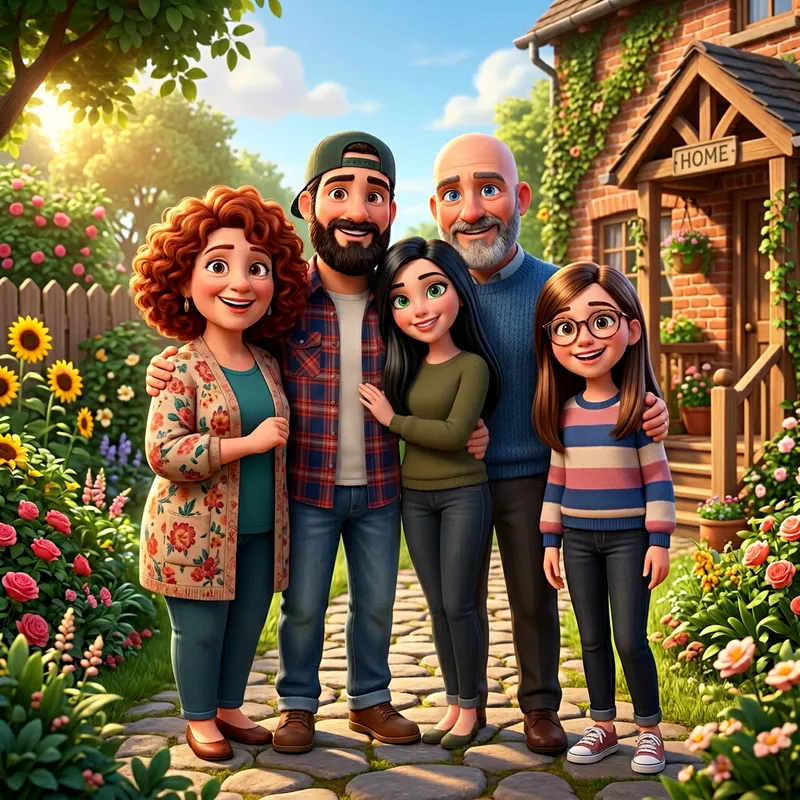 Adorable Family of Five in Pixar-Style Animation