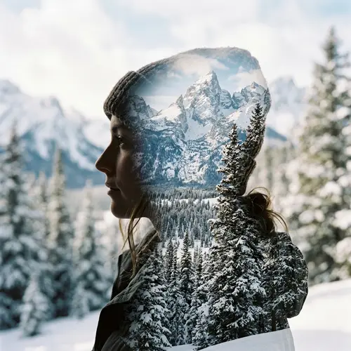 Stunning Double Exposure: Snow Mountain & Pine Trees