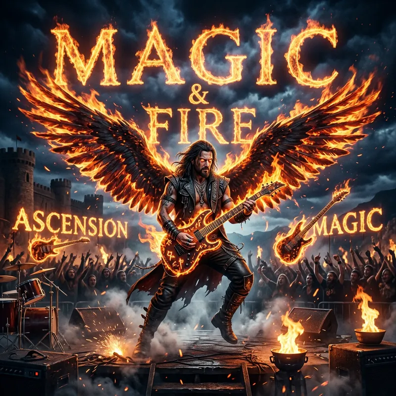 Magic Man with Wings, Guitars, and Fire Letters Magic Man with Wings, Guitars, and Fire Letters