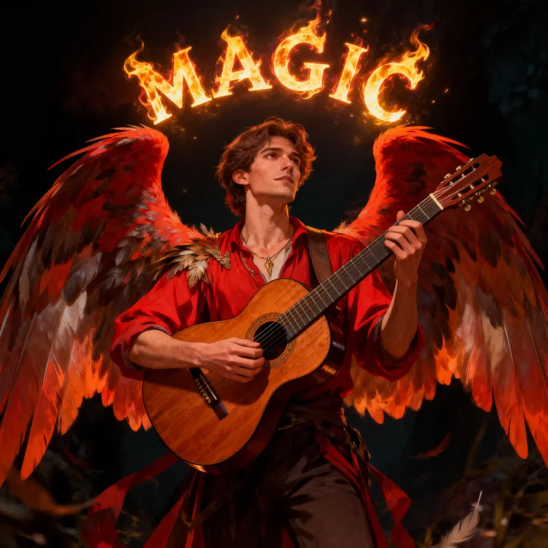 Magic Man with Wings, Guitars, and Fire Letters