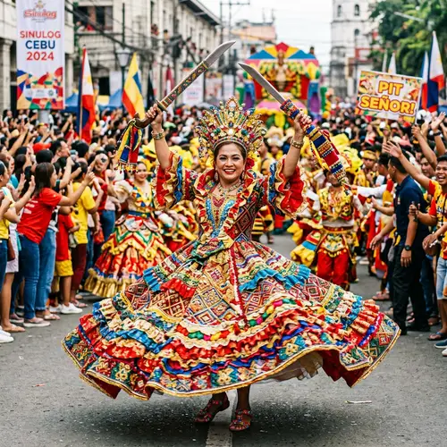 Sinulog Festival Queen in Cebu: Vibrant South Asian Woman Dancing with Bolos