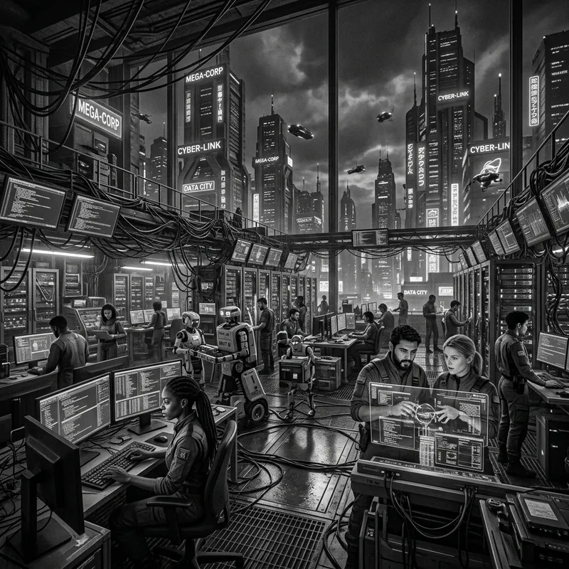 Futuristic Networking in Cyberpunk City - Grayscale Aesthetic