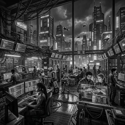 Futuristic Cyberpunk City Scene in Grayscale Color